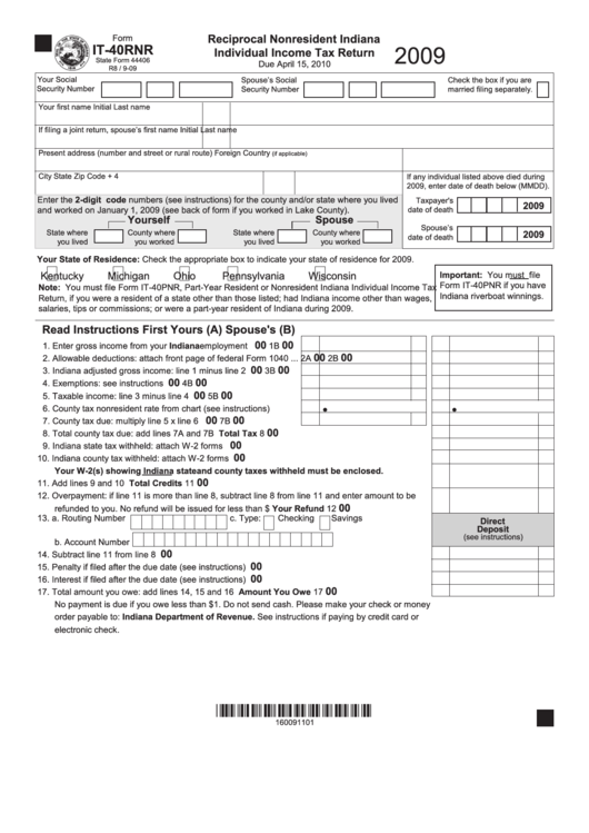 Fillable Form It-40rnr - Reciprocal Nonresident Indiana Individual Income Tax Return - 2009 Printable pdf
