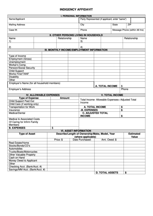 Ohio Indigency Affidavit Form Printable pdf