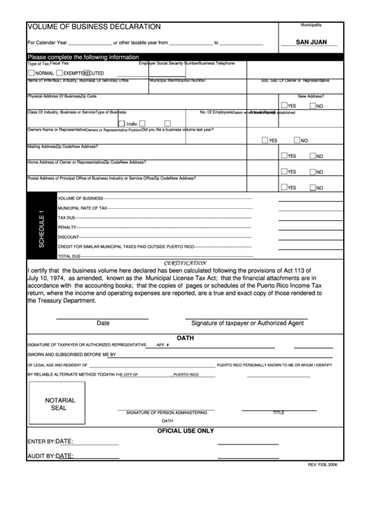 Volume Of Business Declaration Form - San Juan Printable pdf