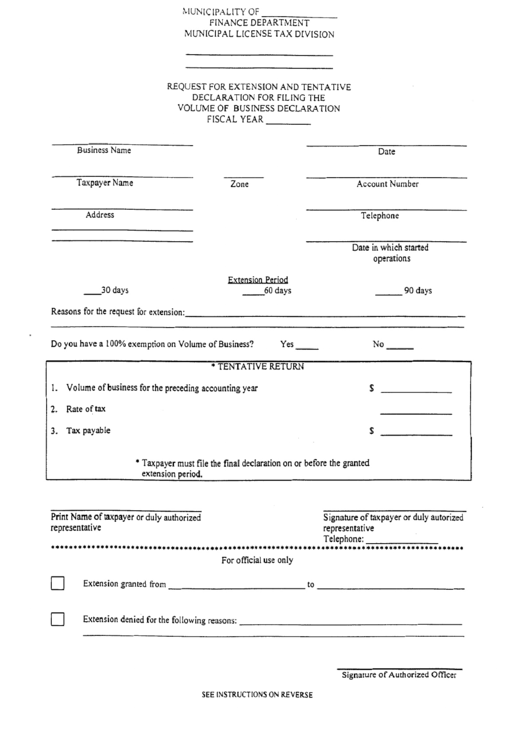 Request For Extension And Tentative Declaration For Filing The Volume Of Business Declaration Fiscal Year ____ Form Printable pdf