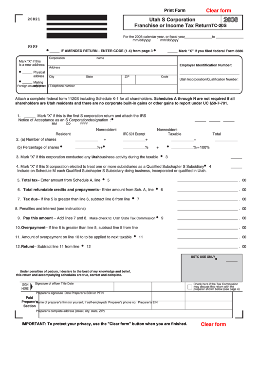 Fillable Form Tc-20s - Utah S Corporation Franchise Or Income Tax Return Printable pdf