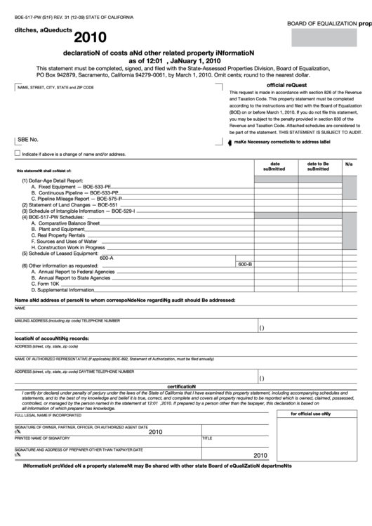 Fillable Form Boe-517-Pw (S1f) - Declaration Of Costs And Other Related Property Information - 2010 Printable pdf