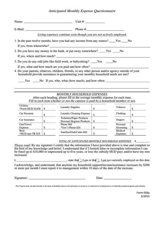 Form 056a - Anticipated Monthly Expense Questionnaire Printable pdf