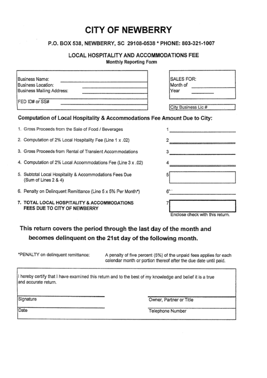 Local Hospitality And Accommodations Fee - City Of Newberry Printable pdf