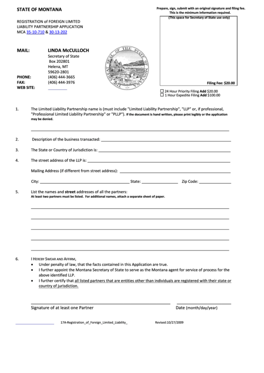 Registration Of Foreign Limited Liability Partnership Application Form - Montana Secretary Of State Printable pdf