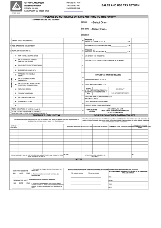 Fillable Sales And Use Tax Return Form - City Of Lakewood Printable pdf