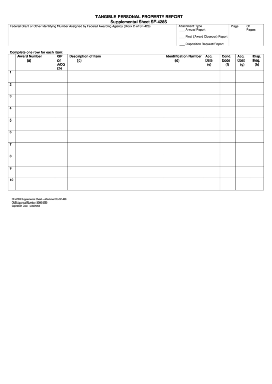 Form Sf-428s Supplemental Sheet - Tangible Personal Property Report - 2013