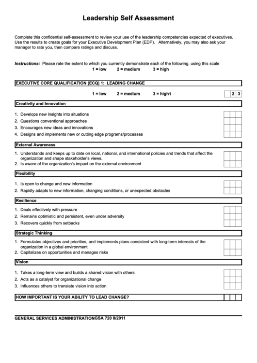 Form Gsa 720 - Leadership Self Assessment - 2011 Printable pdf