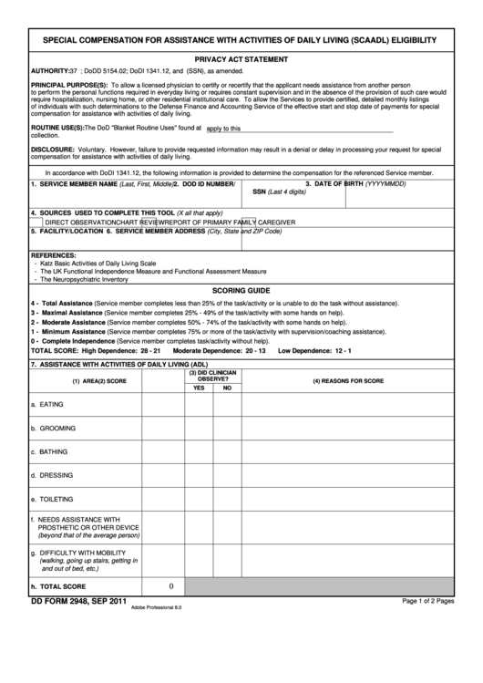 Fillable Dd Form 2948 - Special Compensation For Assistance With Activities Of Daily Living (Scaadl) Eligibility - 2011 Printable pdf