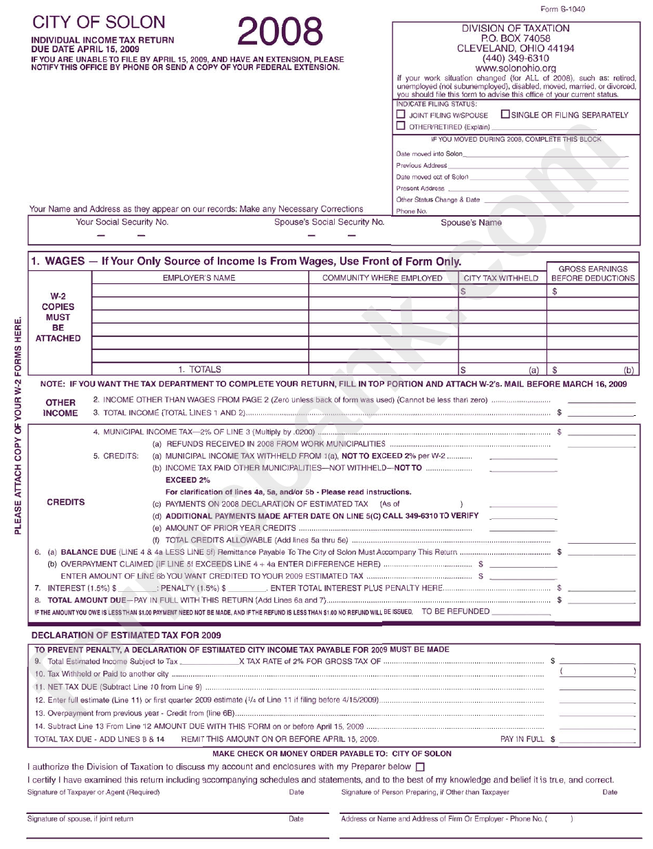 Form S-1040 - Individual Income Tax Return Form - 2008