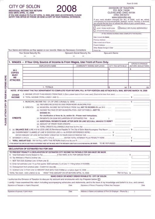Form S-1040 - Individual Income Tax Return Form - 2008 Printable pdf