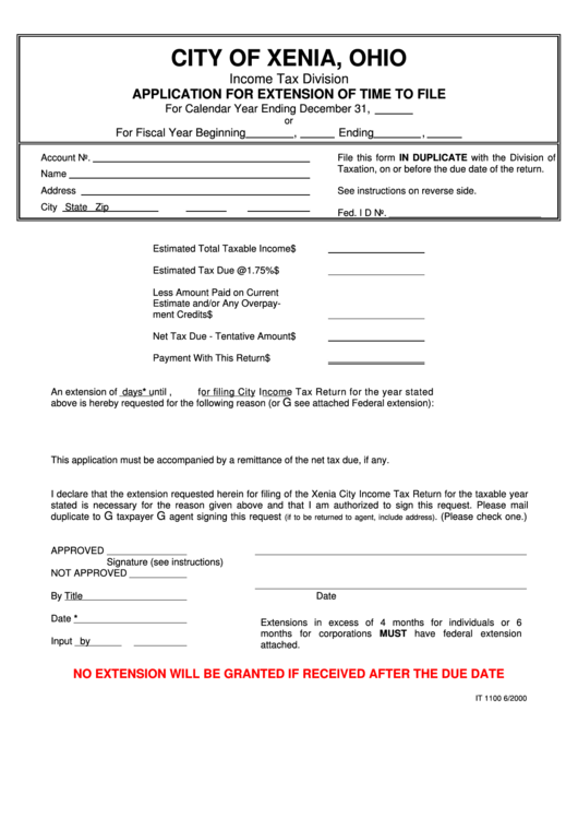 Form It 1100 - Application For Extension Of Time To File - 2000 Printable pdf