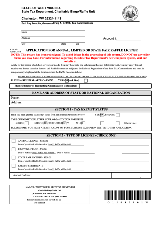Application For Annual, Limited Or State Fair Raffle License Printable pdf