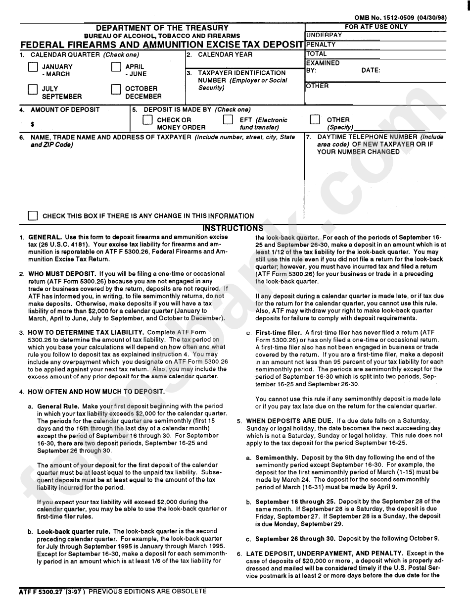 Form Atf F 5300.27 - Federal Firearms And Ammunition Excise Tax Deposit - 1998