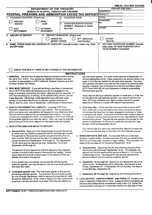 Form Atf F 5300.27 - Federal Firearms And Ammunition Excise Tax Deposit - 1998 Printable pdf