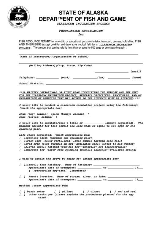 Fish Resourse Permit Form - Alaska Department Of Fish And Game Printable pdf