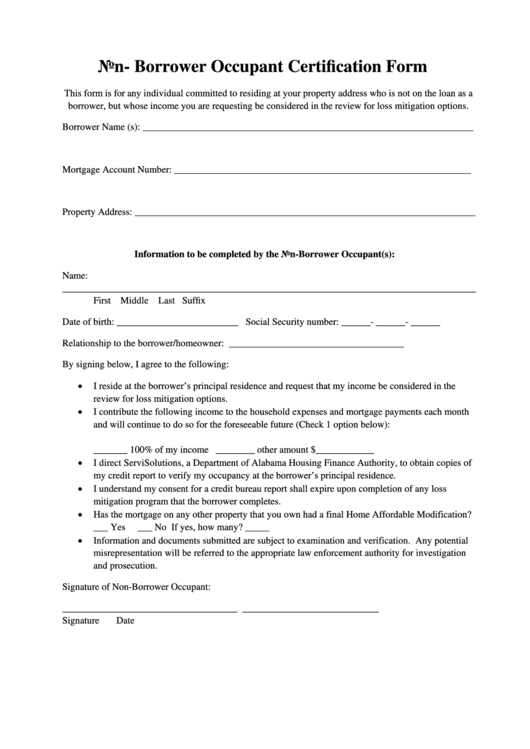 NonBorrower Occupant Certification Form printable pdf download