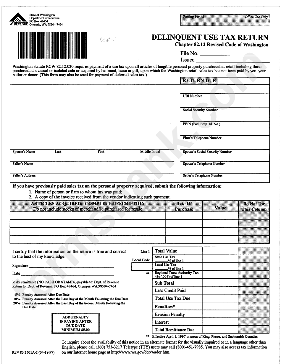 Delinquent Use Tax Return Form - Department Of Revenue - State Of Washington
