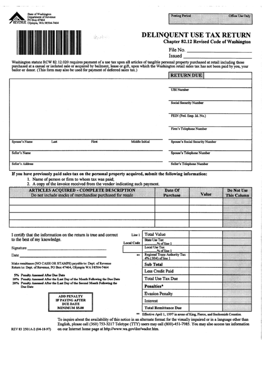 Fillable Delinquent Use Tax Return Form - Department Of Revenue - State Of Washington Printable pdf