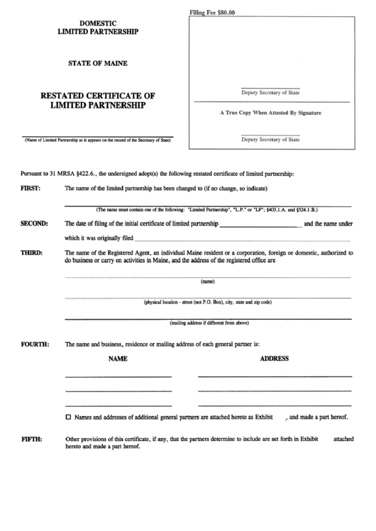 Form Mlpa-6a - Restated Certificate Of Limited Partnership - 2000 Printable pdf