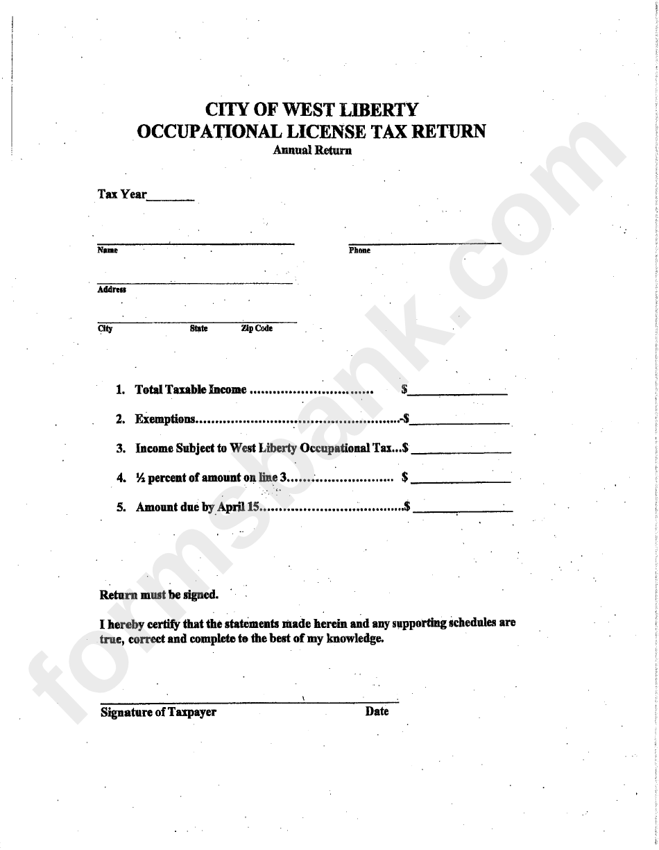 Occupational License Tax Return Form - Annual Return