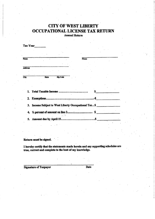 Occupational License Tax Return Form - Annual Return Printable pdf