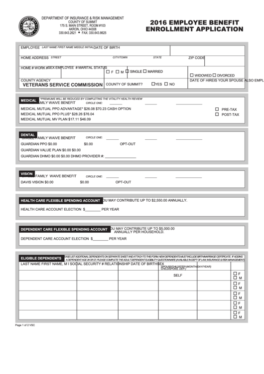 Employee Benefit Enrollment Application Form - Department Of Insurance & Risk Management - 2016 Printable pdf