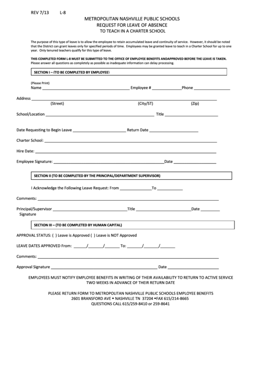 Form L-8 - Request For Leave Of Absence To Teach In A Charter School Printable pdf