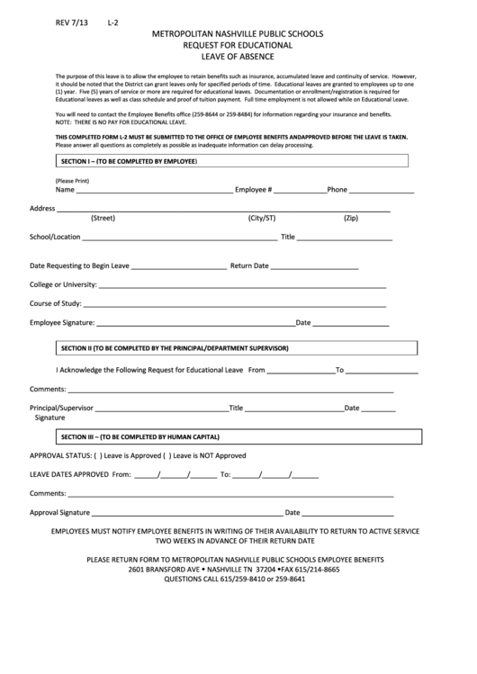 Form L-2 - Request For Educational Leave Of Absence Printable pdf
