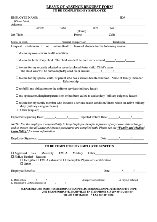 Leave Of Absence Request Form Printable pdf