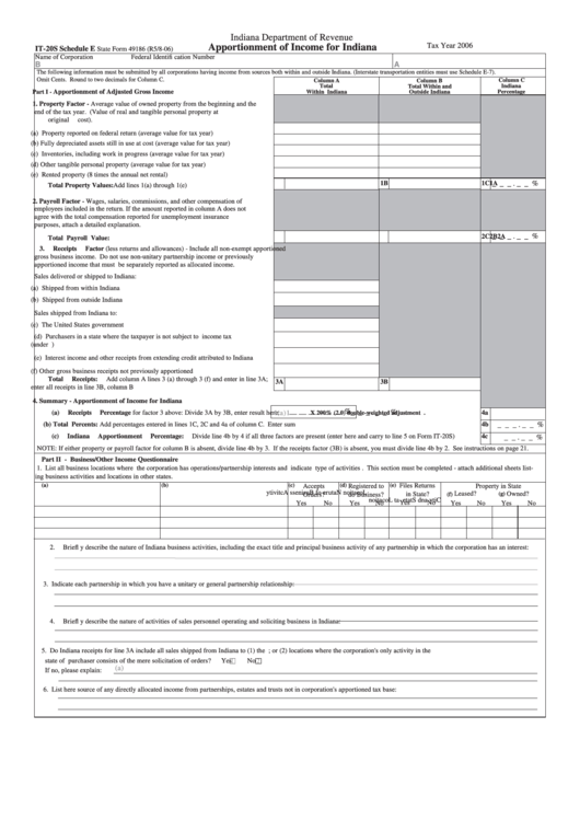 Form 49186 - It-20s Schedule E - Apportionment Of Income For Indiana - 2006 Printable pdf