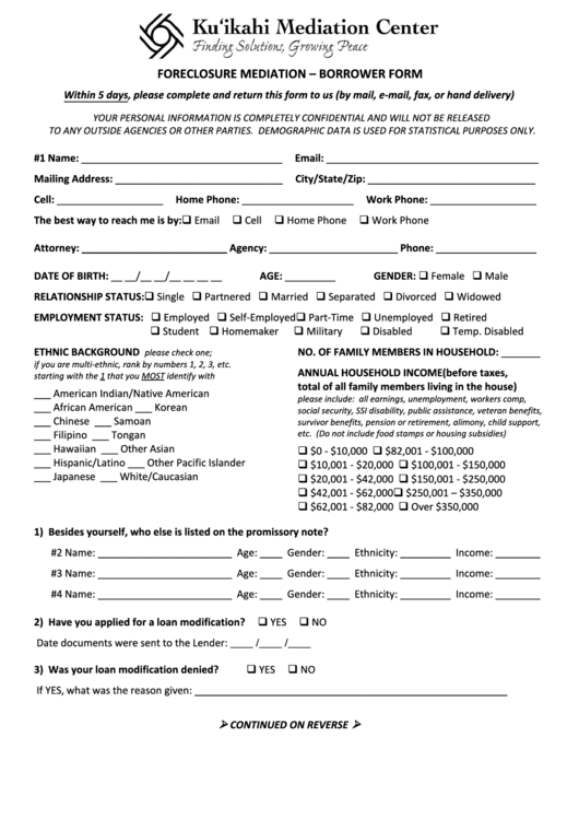 Foreclosure Mediation - Borrower Form Printable pdf