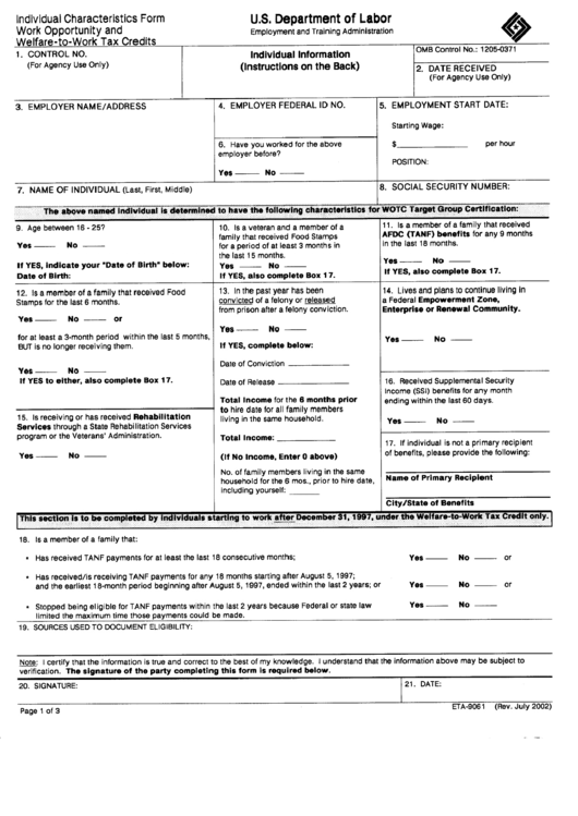 Fillable Form Eta-9061 - Individual Characteristics Form Work Opportunity And Welfare-To-Work Tax Credit Printable pdf