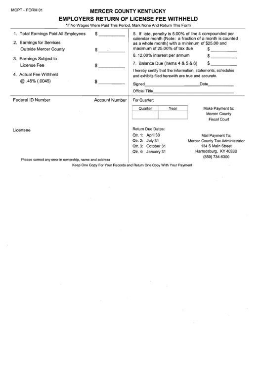 Form 01 - Employers Return Of License Fee Withheld - State Of Kentucky Printable pdf