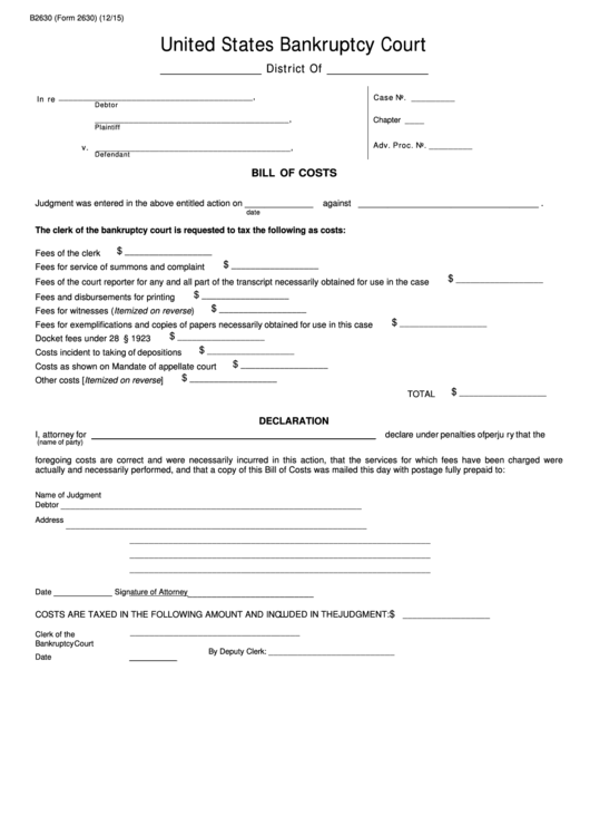 Form 2630 -2015 - Bill Of Costs - United States Bankruptcy Court Printable pdf