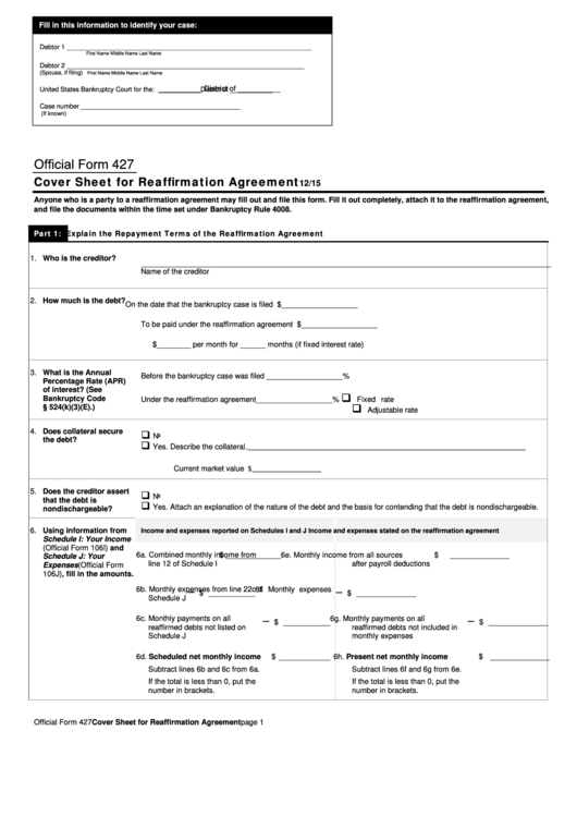 Fillable Official Form 427 - Cover Sheet For Reaffirmation Agreement ...