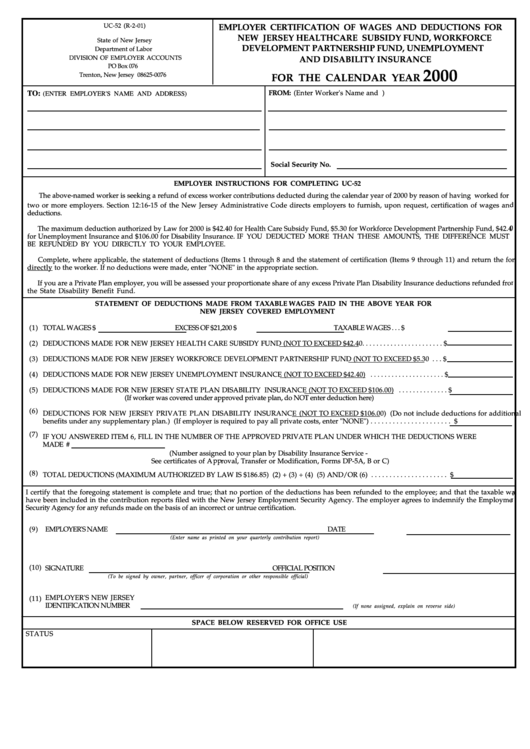 Form Uc-52 - Employer Certification Of Wages And Deductions For New Jersey Healthcare Subsidy Fund, Workforce Development Partnership Fund, Unemployment And Disability Insurance - 2000 Printable pdf