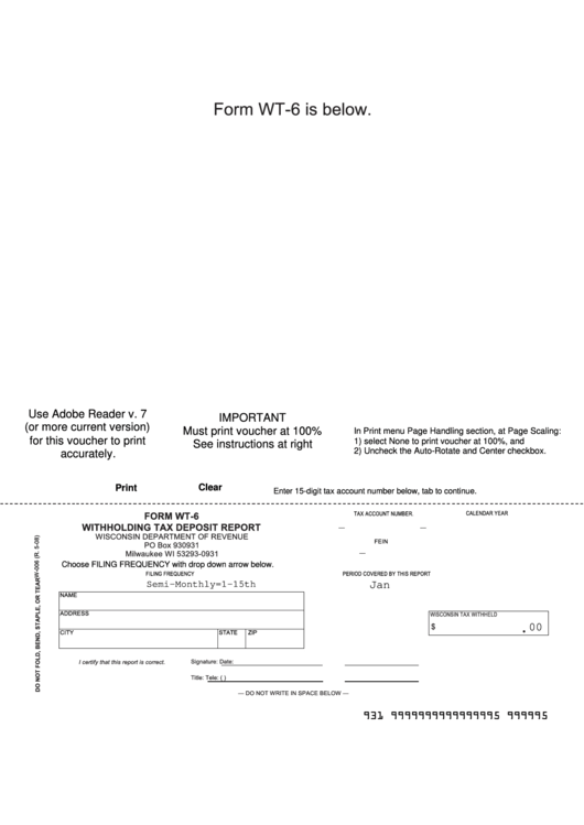 Fillable Form Wt-6 - Withholding Tax Deposit Report - State Of Wisconsin Printable pdf