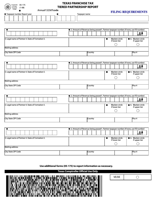 Fillable Form 05-175 - Texas Franchise Tax Annual Tiered Partnership Report Printable pdf