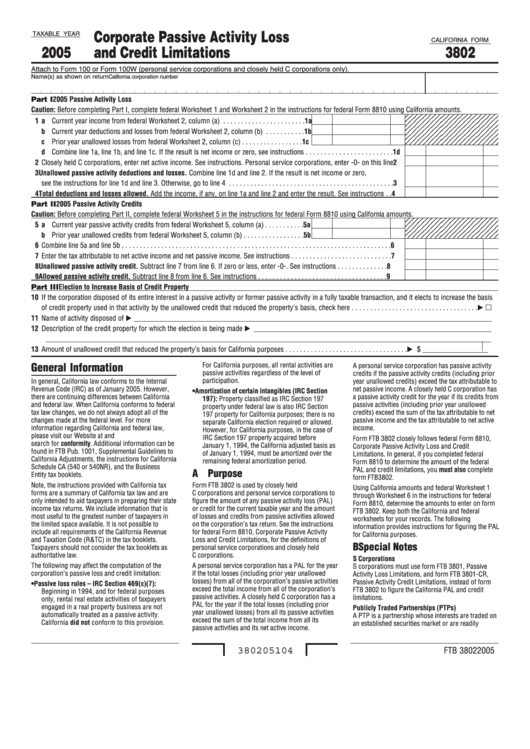 California Form 3802 - Corporate Passive Activity Loss And Credit Limitations - 2005 Printable pdf