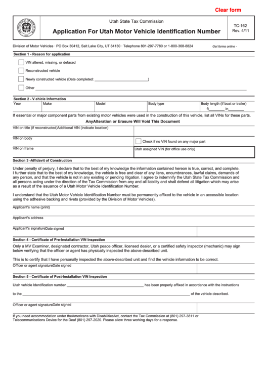 Fillable Form Tc-162 - Application For Utah Motor Vehicle Identification Number Printable pdf