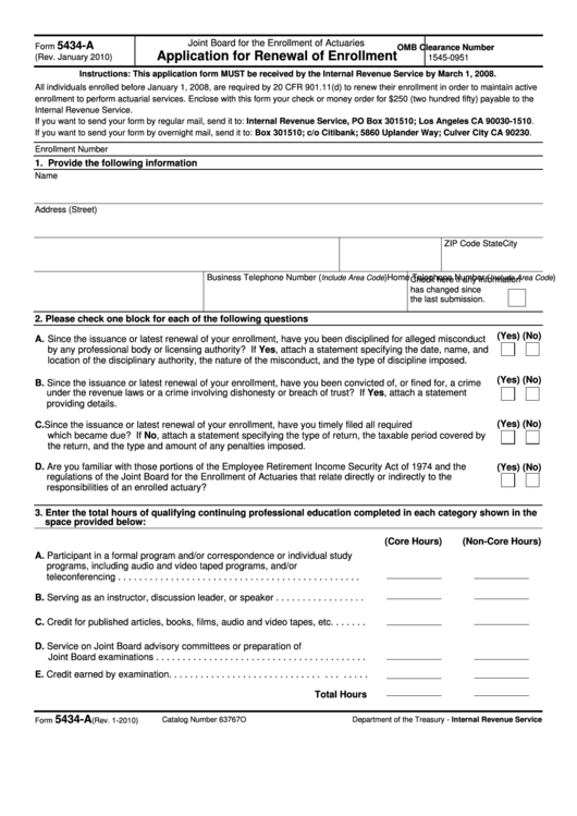 Fillable Form 5434-A - Application For Enrollment - Joint Board For The Enrollment Of Actuaries Printable pdf