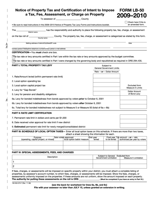 Fillable Form Lb-50 - Notice Of Property Tax And Certification Of Intent To Impose A Tax, Fee, Assessment, Or Charge On Property - 2009-2010 Printable pdf