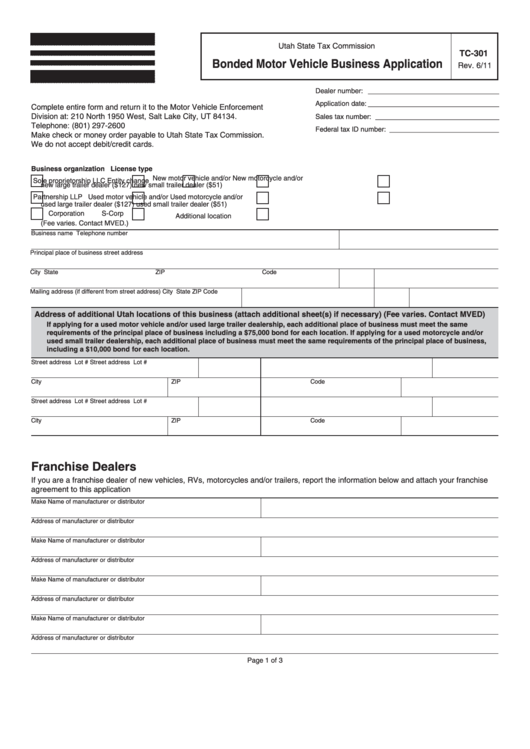 Form Tc-301 - Utah Bonded Motor Vehicle Business Application Printable pdf