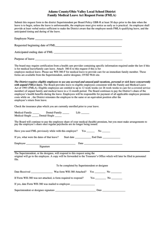 Adams County/ohio Valley Local School District Family Medical Leave Act Request Form (Fmla) Printable pdf