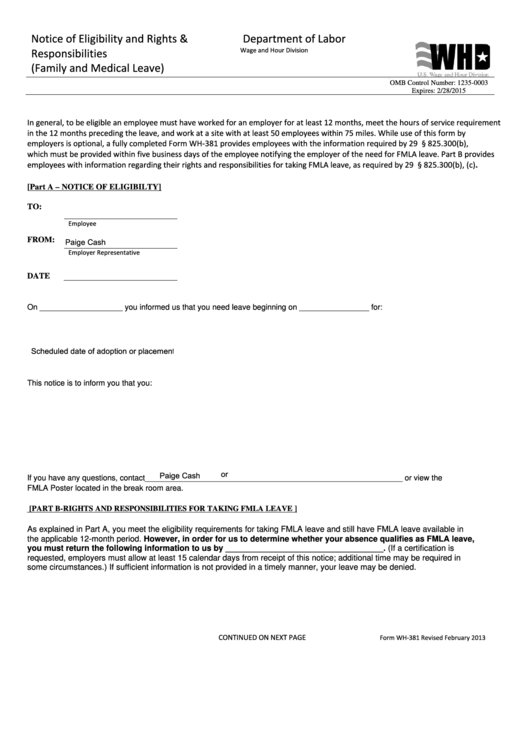 Form Wh-381 - Notice Of Eligibility And Rights And Responsibilities (family And Medical Leave) - U.s. Department Of Labor - 2013