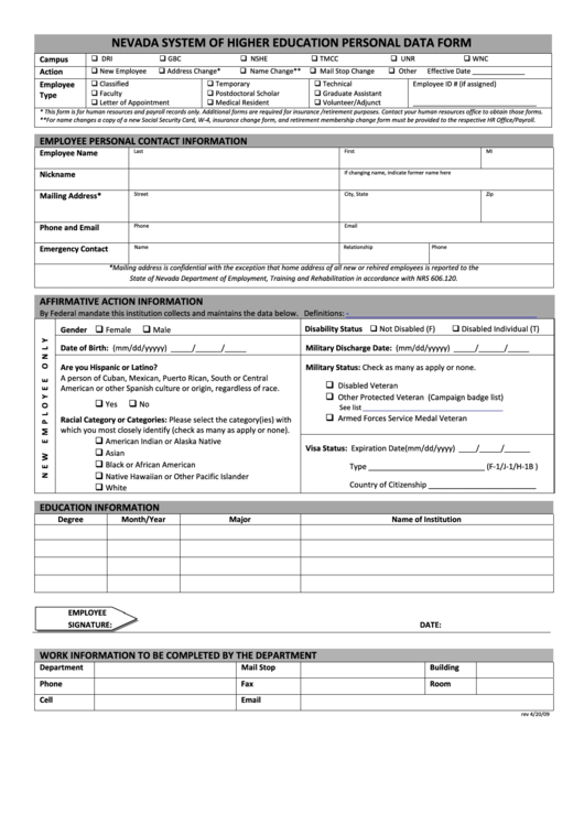 Fillable Nevada System Of Higher Education Personal Data Form Printable pdf