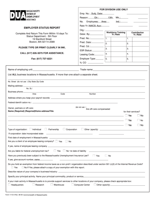 Fillable Form 1110-A - Employer Status Report Printable pdf