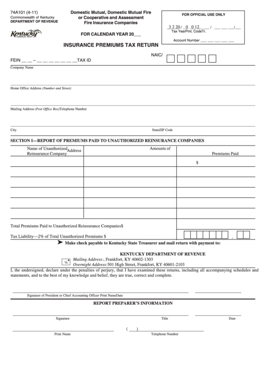 Form 74a101 - Insurance Premiums Tax Return Printable pdf