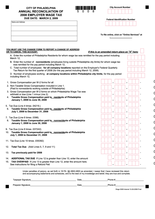 Annual Reconciliation Of 2008 Employer Wage Tax - City Of Philadelphia Printable pdf